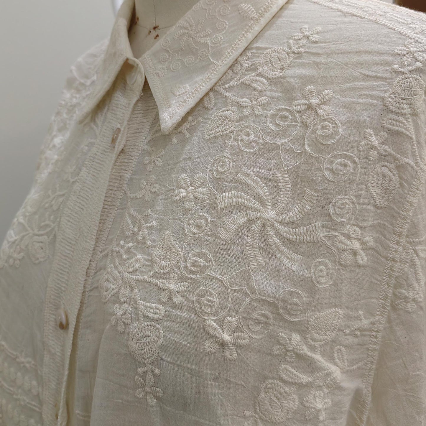 Cotton Lace shirt ecru color soft cotton voile shirt retro style lace shirt embroidery shirt