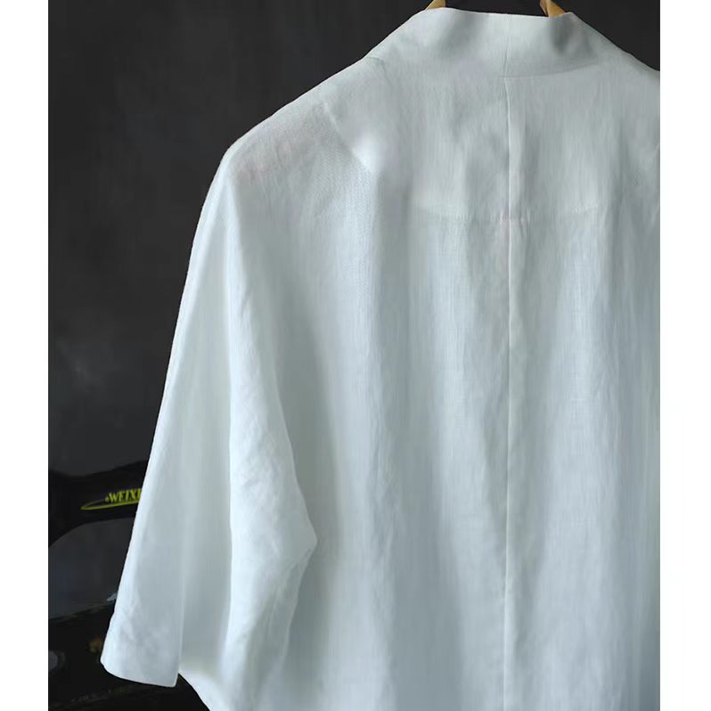 Linen shirt collarless V neck linen blouse