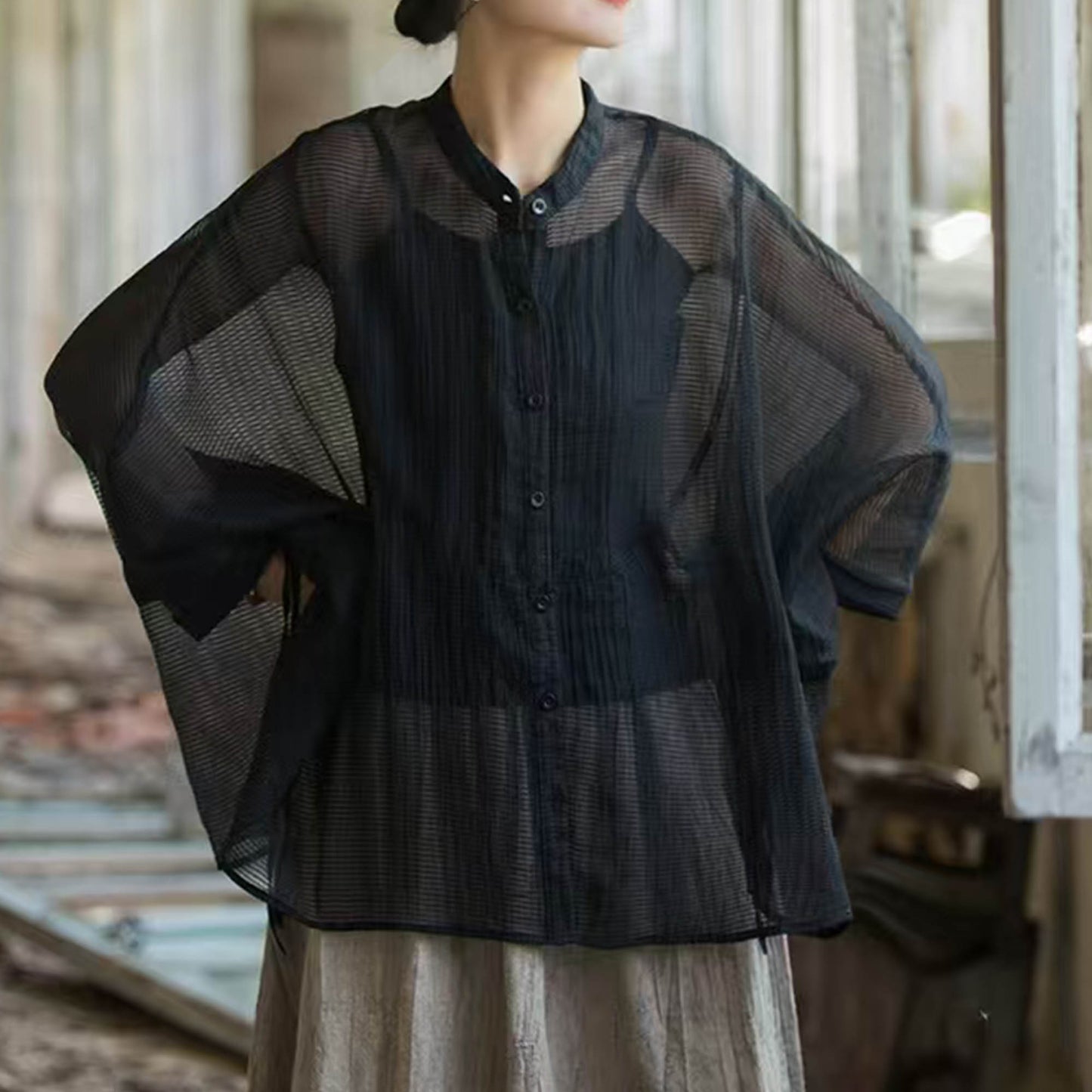 Extra wide sleeves round shape spring summer blouse Tencel blended sheer fabric butterfly shape shirt women cape summer cape sun protec top