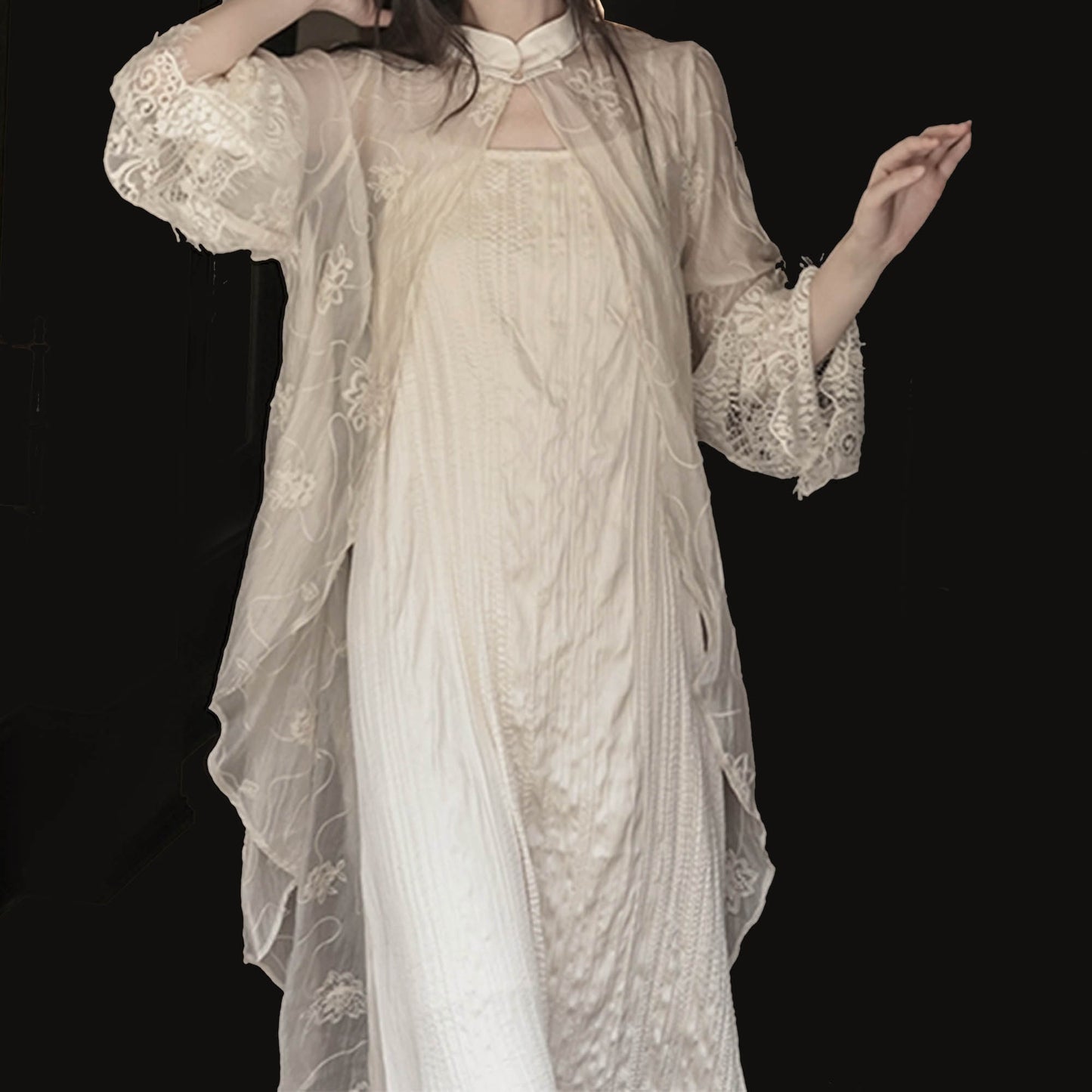 Sheer lace top with slip dress set lace fabric with stand collar and frog toggles closure at collar