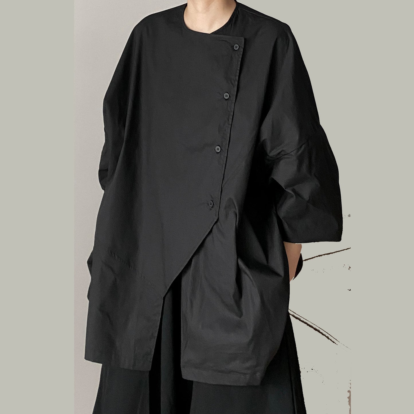 Oversized Black Shirt Loose fit Uniform Lapel Bubble Sleeves Back Slits Loose Shirt Oversize Blouse Loose Fit Shirt