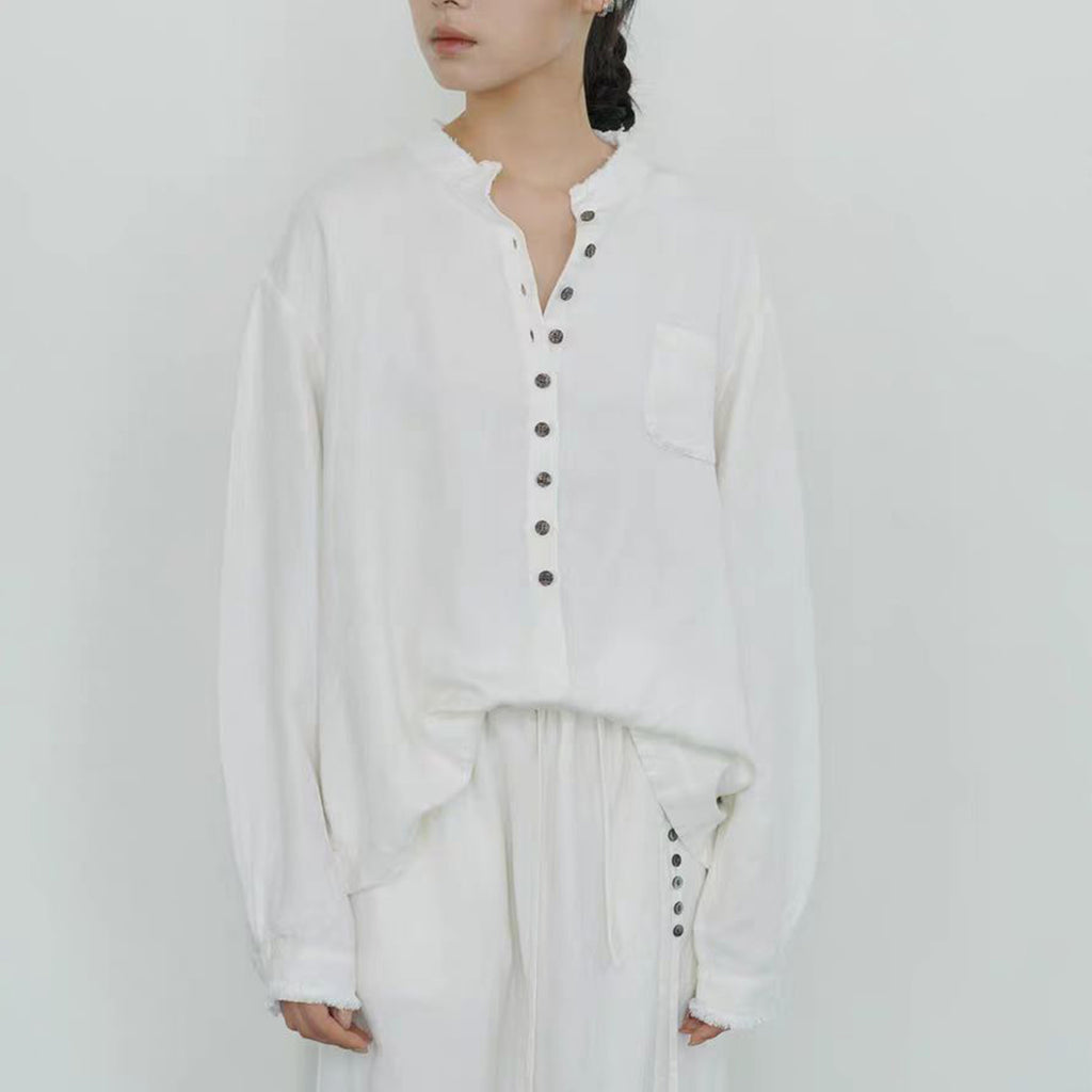 Linen long sleeves shirt with rough edges white linen shirt soft linen button blouse white shirt retro shirt