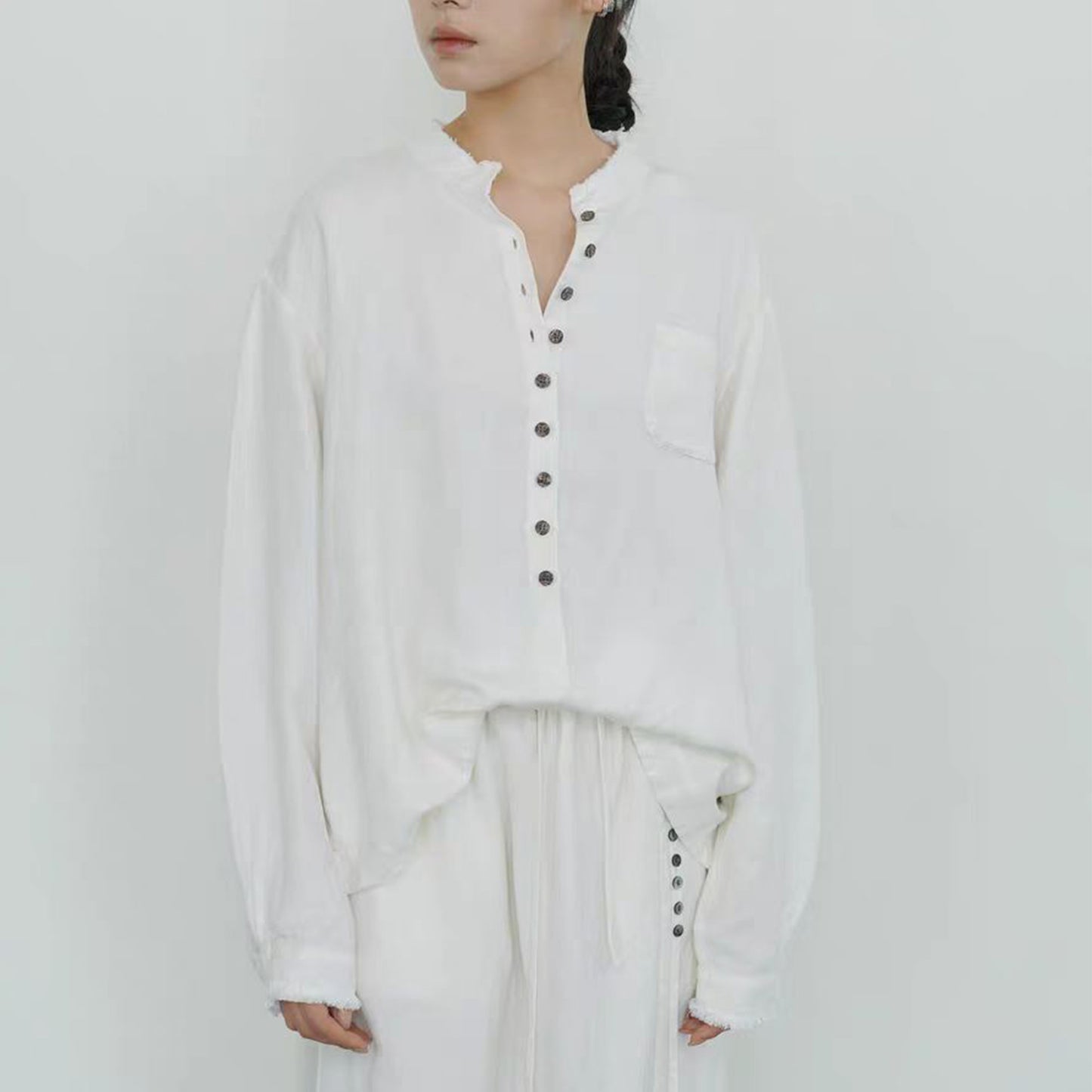 Linen long sleeves shirt with rough edges white linen shirt soft linen button blouse white shirt retro shirt