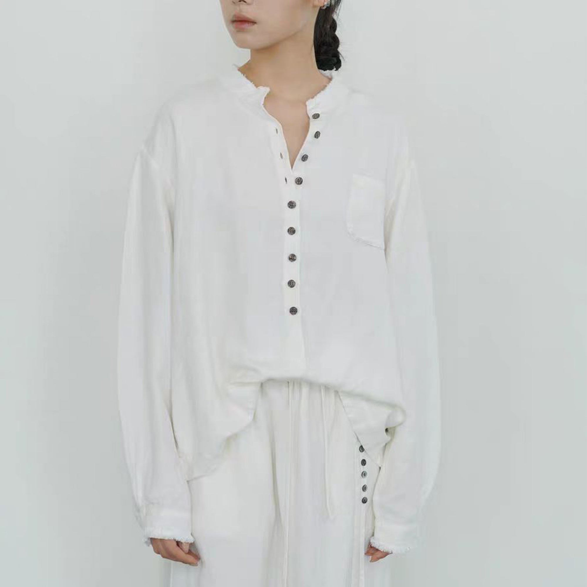 Linen long sleeves shirt with rough edges white linen shirt soft linen button blouse white shirt retro shirt