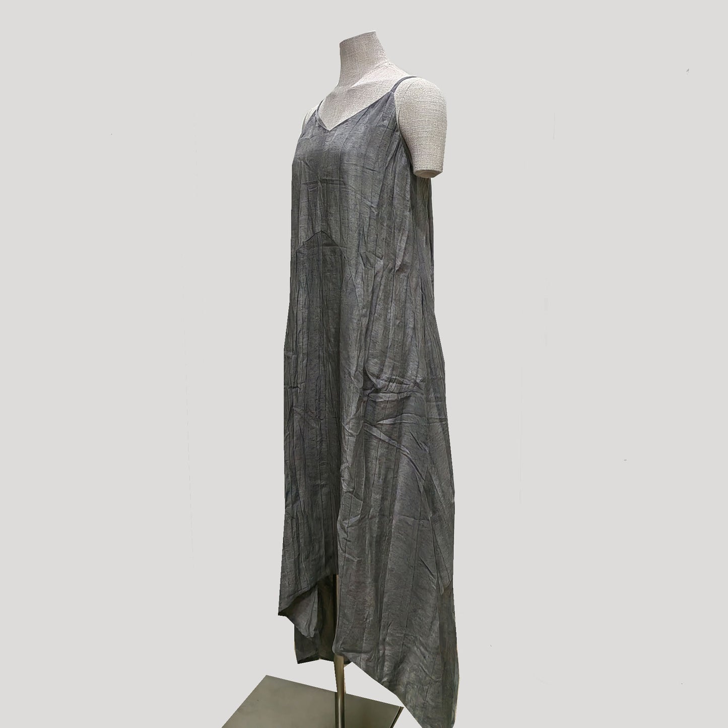Assymmetrical Creased Linen Gray color plant dyed color slip dress Linen tencel fabric