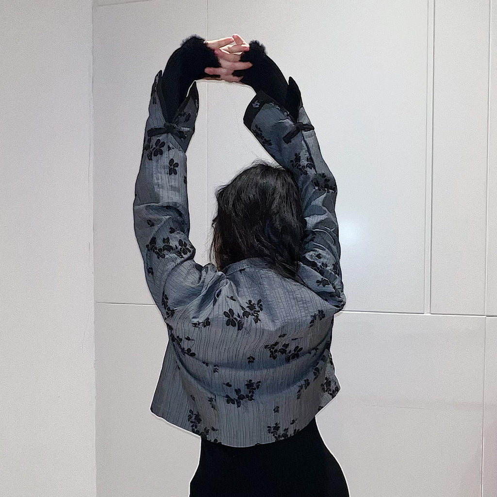 Chinese style Crop Top Stand Collar with Frog Toggles Top Short Jacket Oriental Style Black jacquard Blouse  Mandarin Collar frog buttons