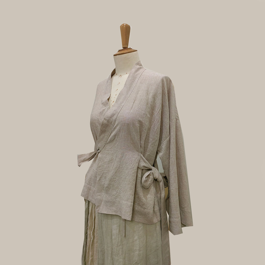 Long sleeves over lapping linen top Hanfu style long straps top kimono style linen blouse