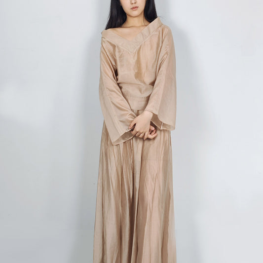 Tencel Set large squared collar blouse with wide leg pants loose fit culottes