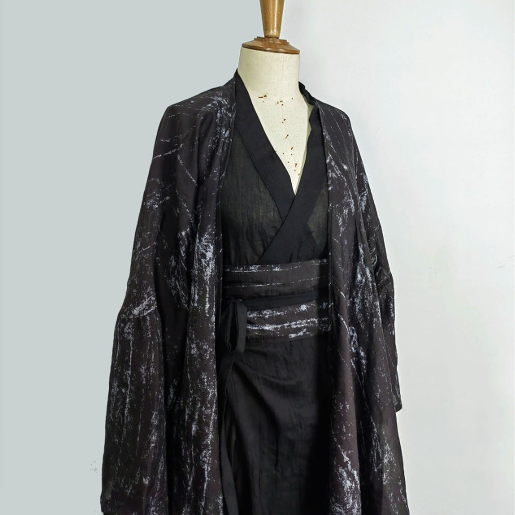 Hanfu Set, Haori Kimono 3PCS Set Japanese Style Robe Chinese Hanfu Dress Modified Hanfu Neza Studio Maxi Kimono Dress OBI belt Black Hanfu