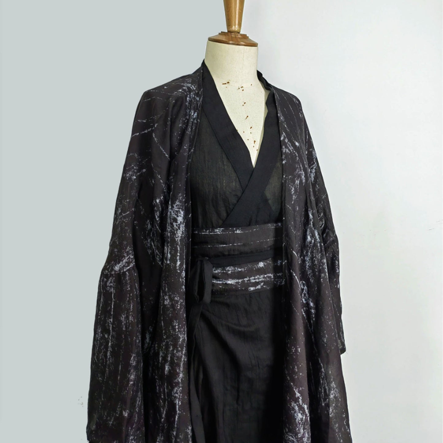 Hanfu Set, Haori Kimono 3PCS Set Japanese Style Robe Chinese Hanfu Dress Modified Hanfu Neza Studio Maxi Kimono Dress OBI belt Black Hanfu