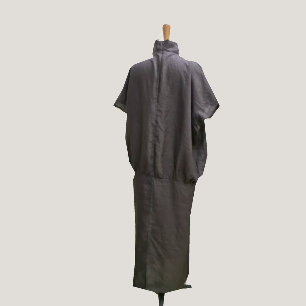 Linen dress high collar loose fit gray dress