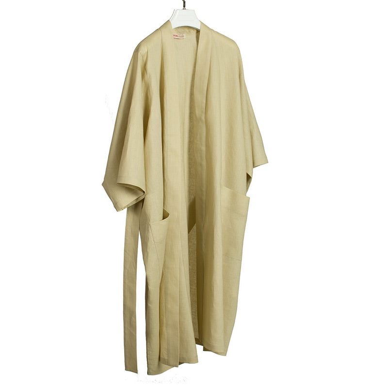 Linen loose fit Kimono style trench Pale yellow color