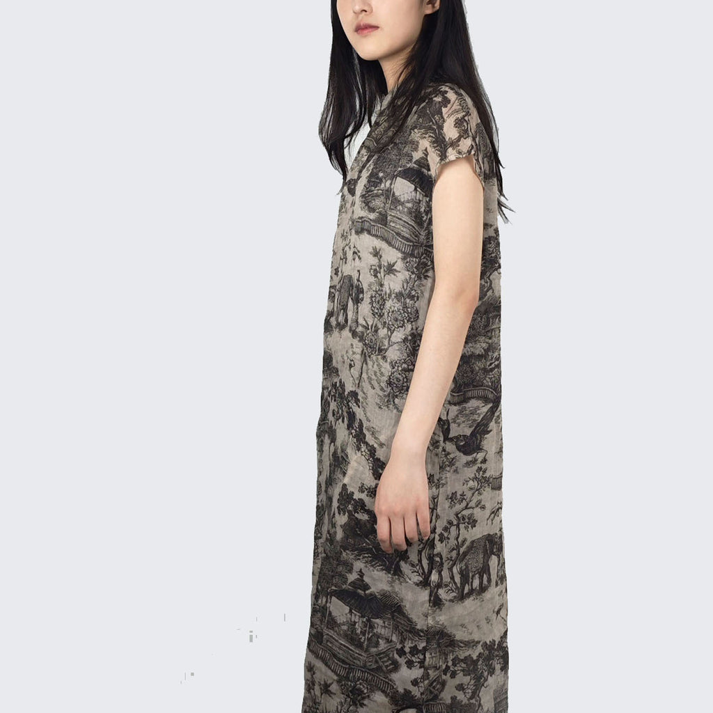 Chinese painting motif Ramie Qipao dress loose fit qipao dress modern fit qipao dress Ramie qipao