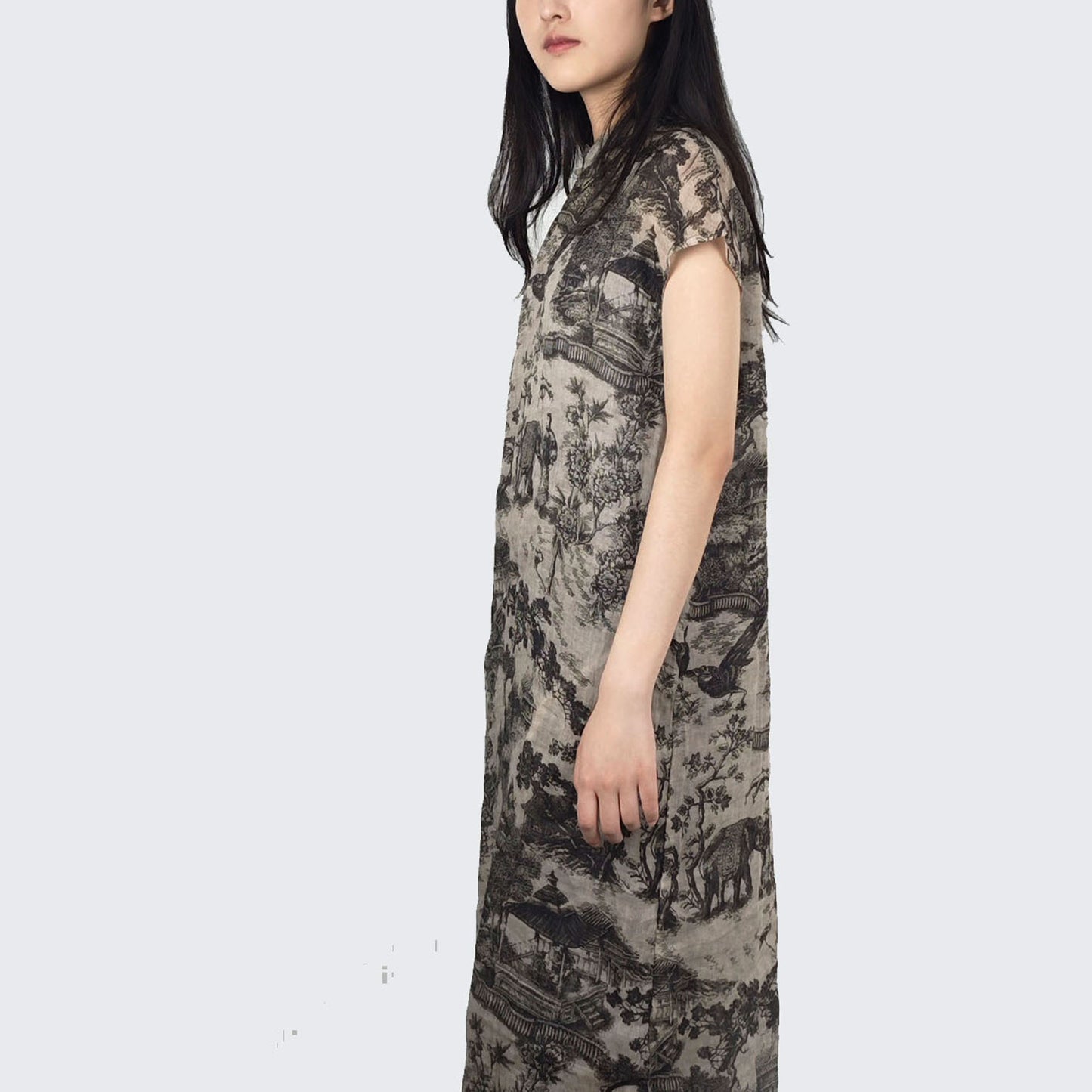 Chinese painting motif Ramie Qipao dress loose fit qipao dress modern fit qipao dress Ramie qipao