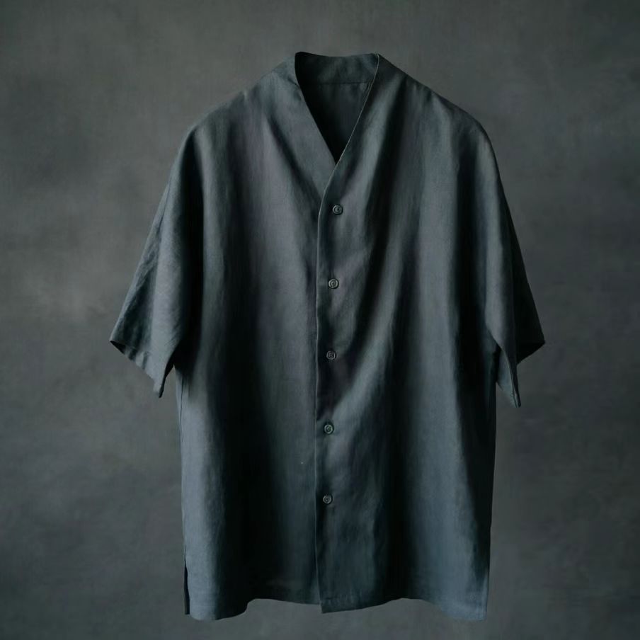 Linen shirt collarless V neck linen blouse