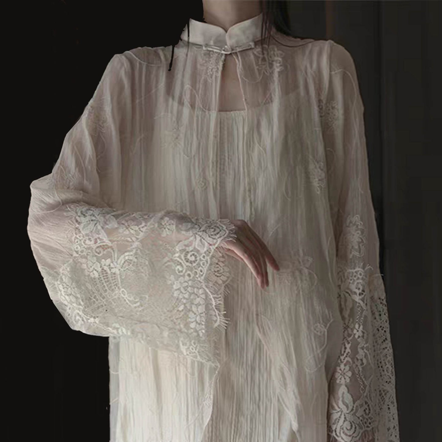 Sheer lace top with slip dress set lace fabric with stand collar and frog toggles closure at collar