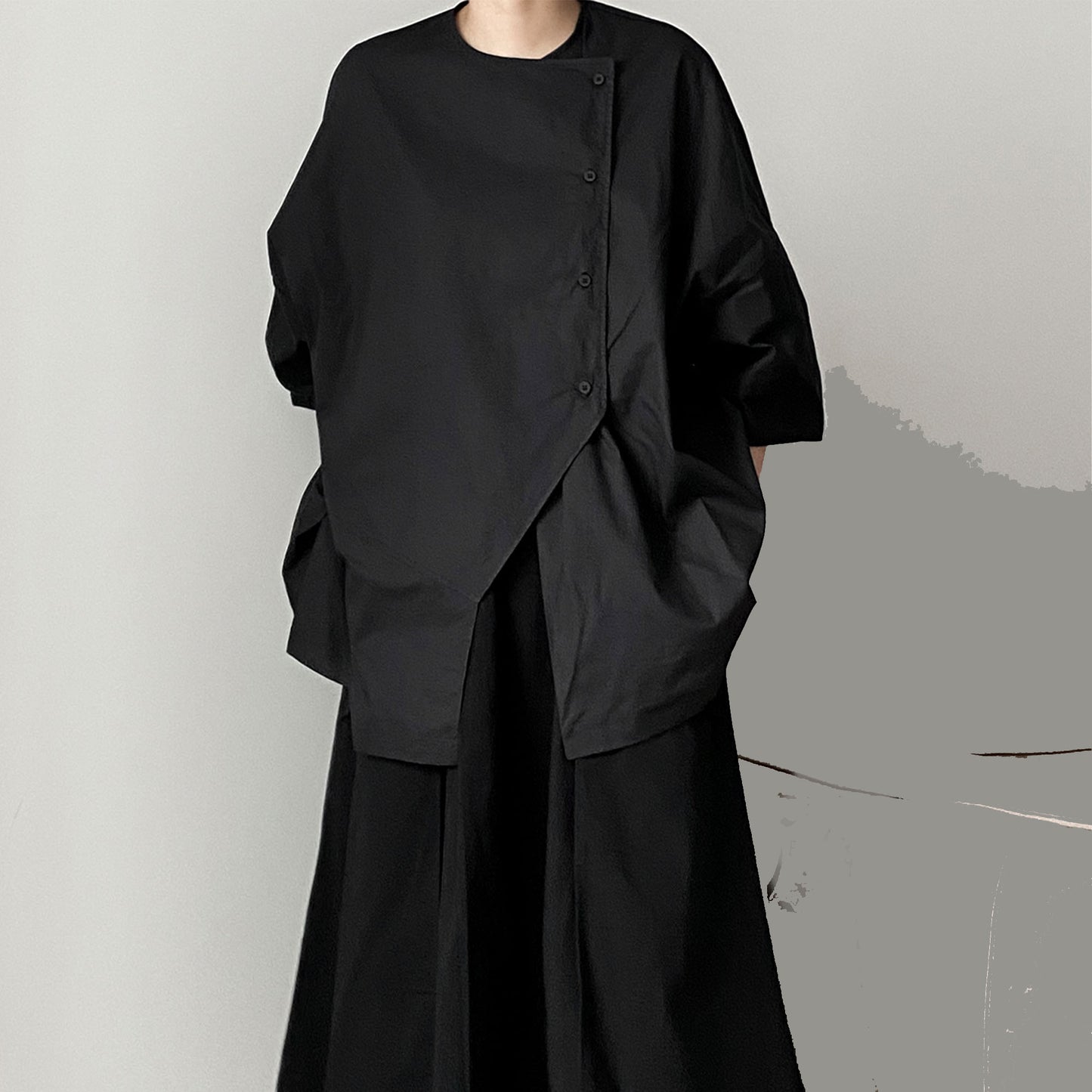 Oversized Black Shirt Loose fit Uniform Lapel Bubble Sleeves Back Slits Loose Shirt Oversize Blouse Loose Fit Shirt