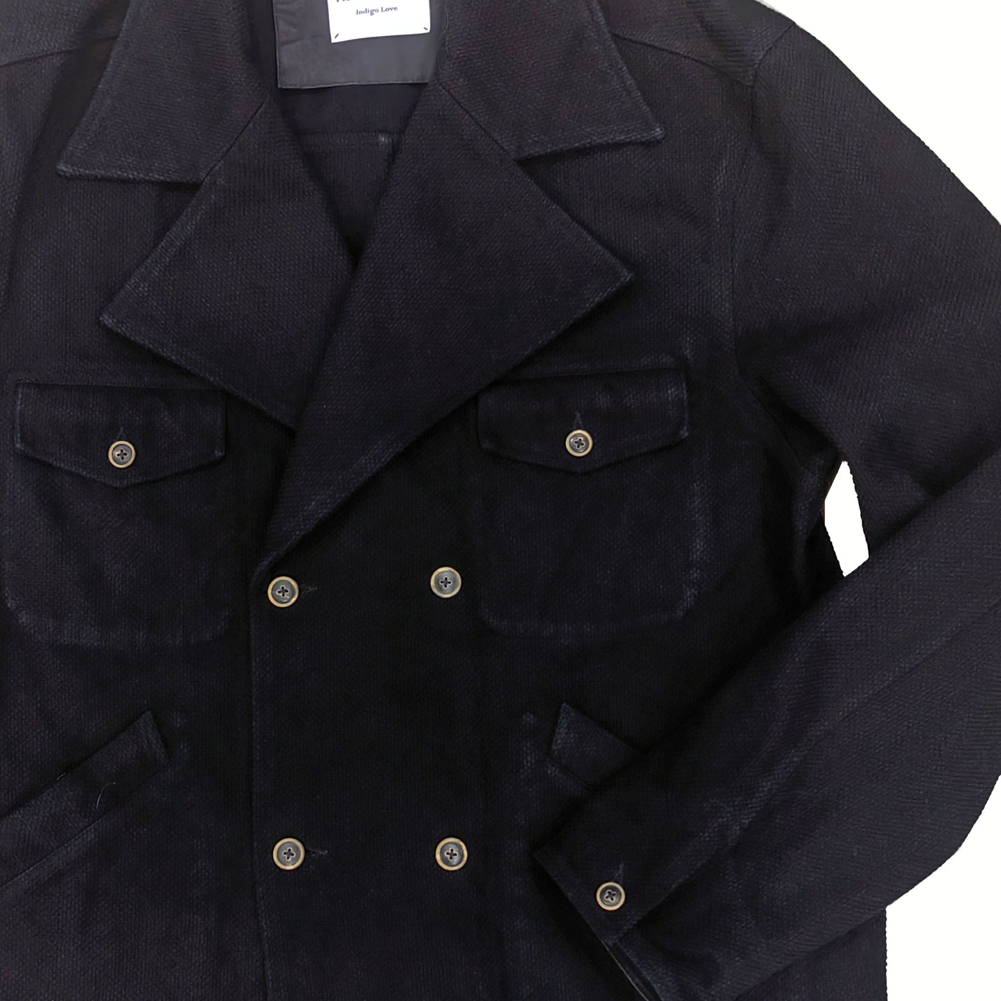 Sashiko cotton retro jacket Black blue cotton sashiko retro style large flap collar jacket