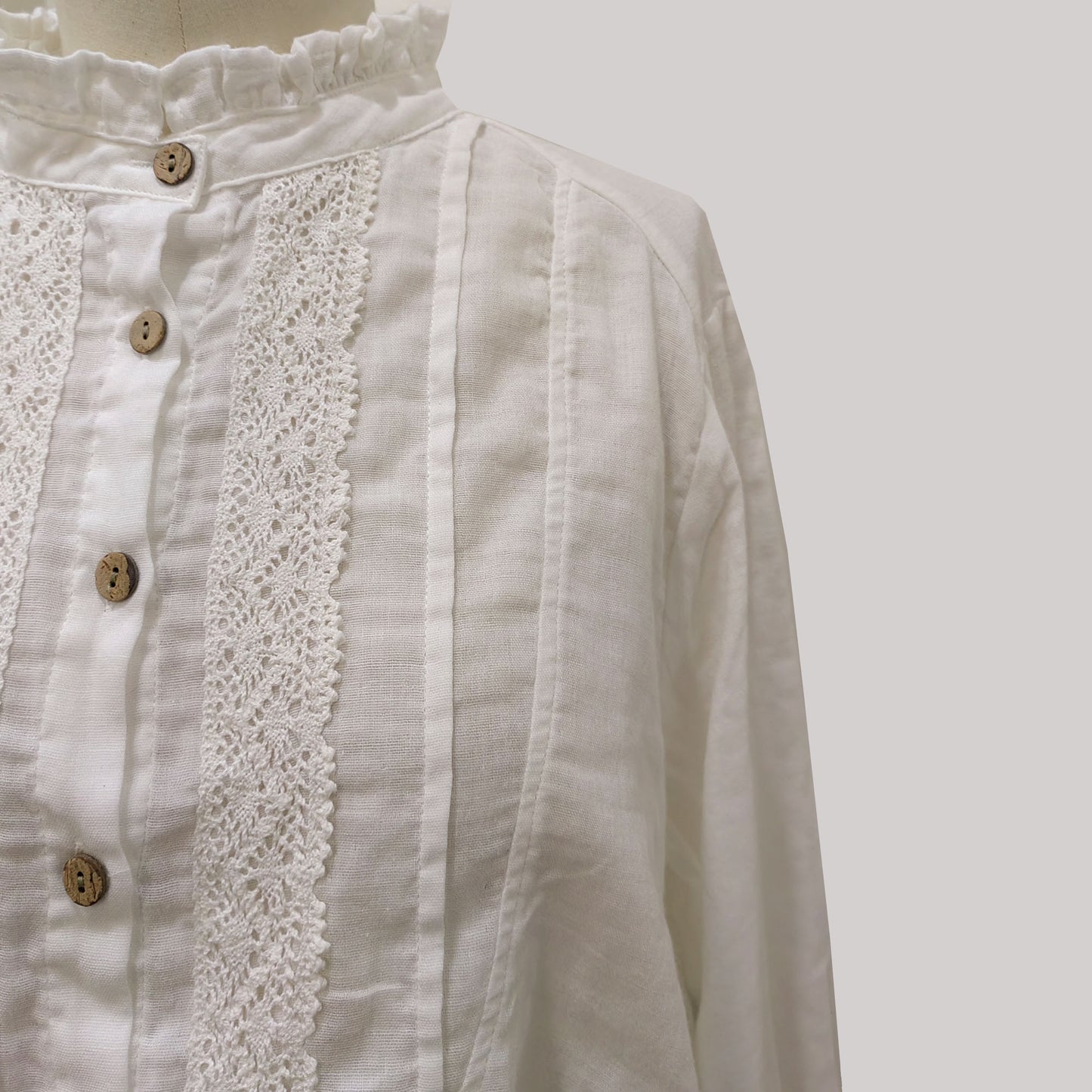 Cotton lace shirt retro style white cotton shirt double gauze cotton fabric white blouse
