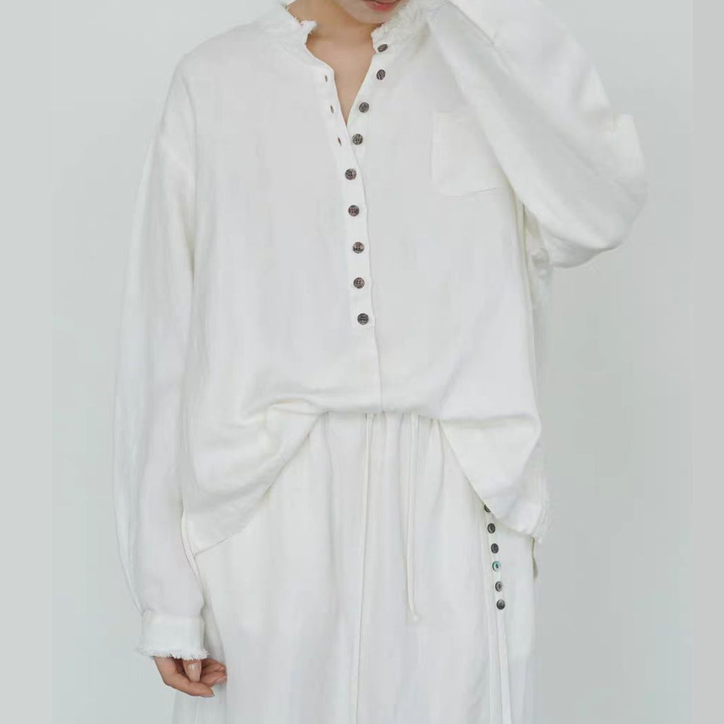 Linen long sleeves shirt with rough edges white linen shirt soft linen button blouse white shirt retro shirt