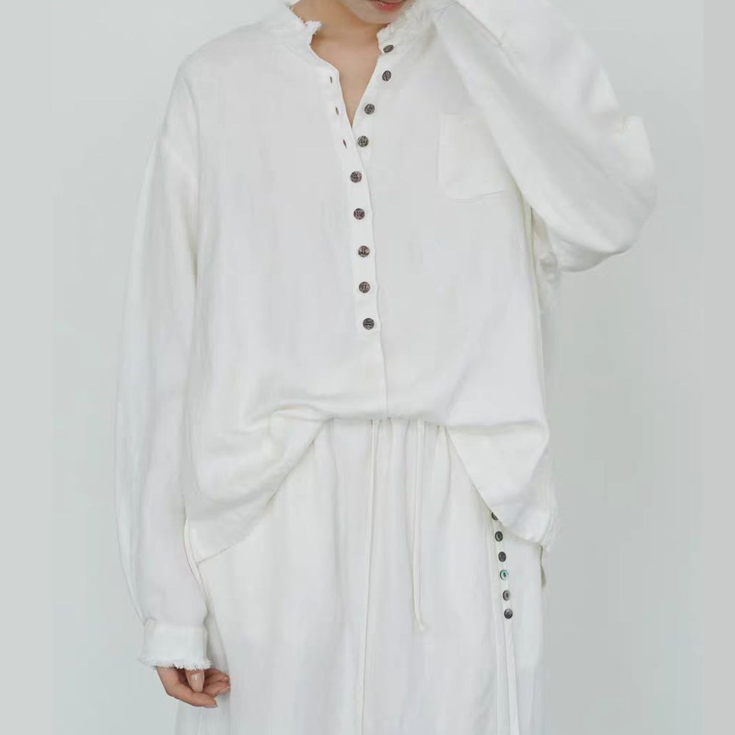 Linen long sleeves shirt with rough edges white linen shirt soft linen button blouse white shirt retro shirt