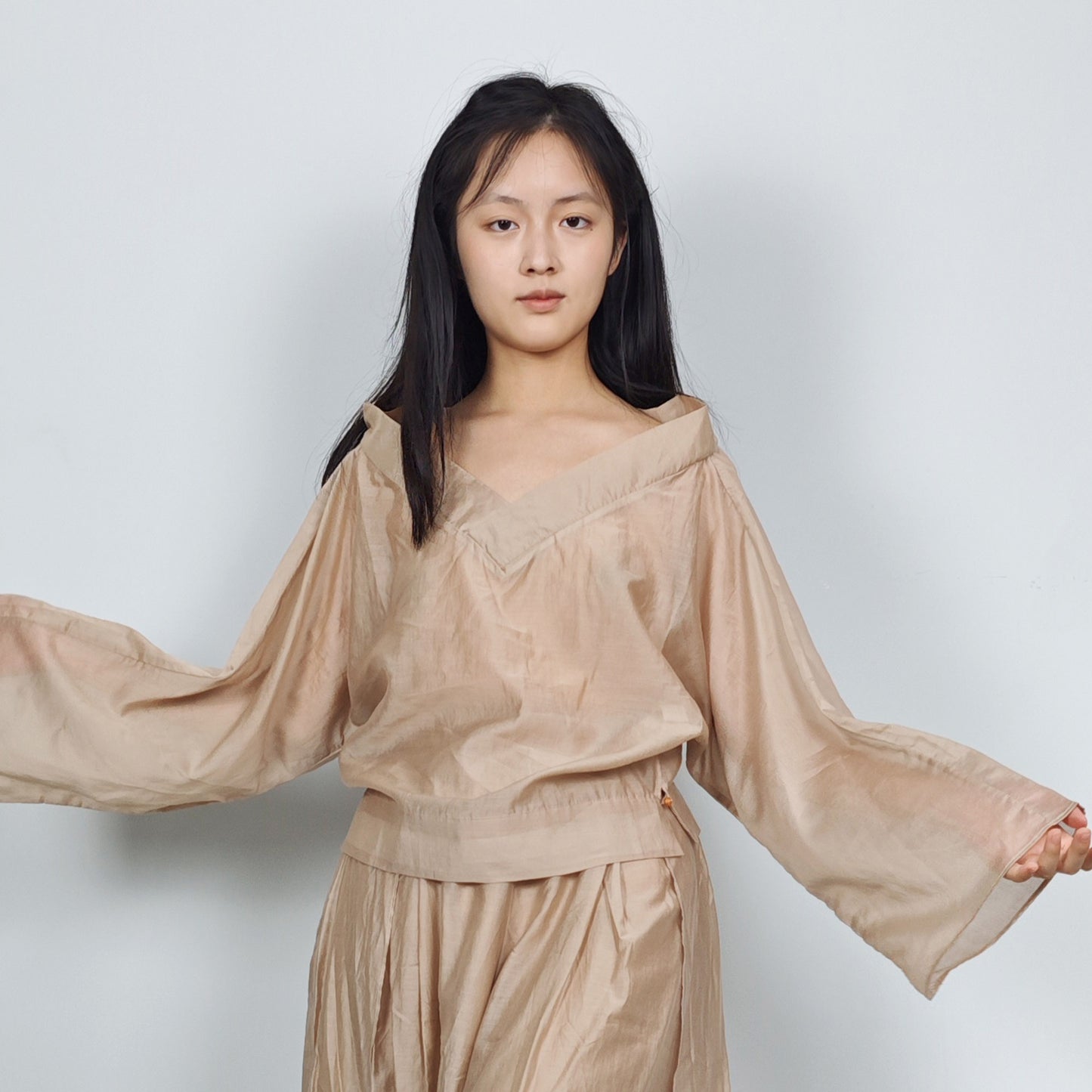 Tencel Set large squared collar blouse with wide leg pants loose fit culottes