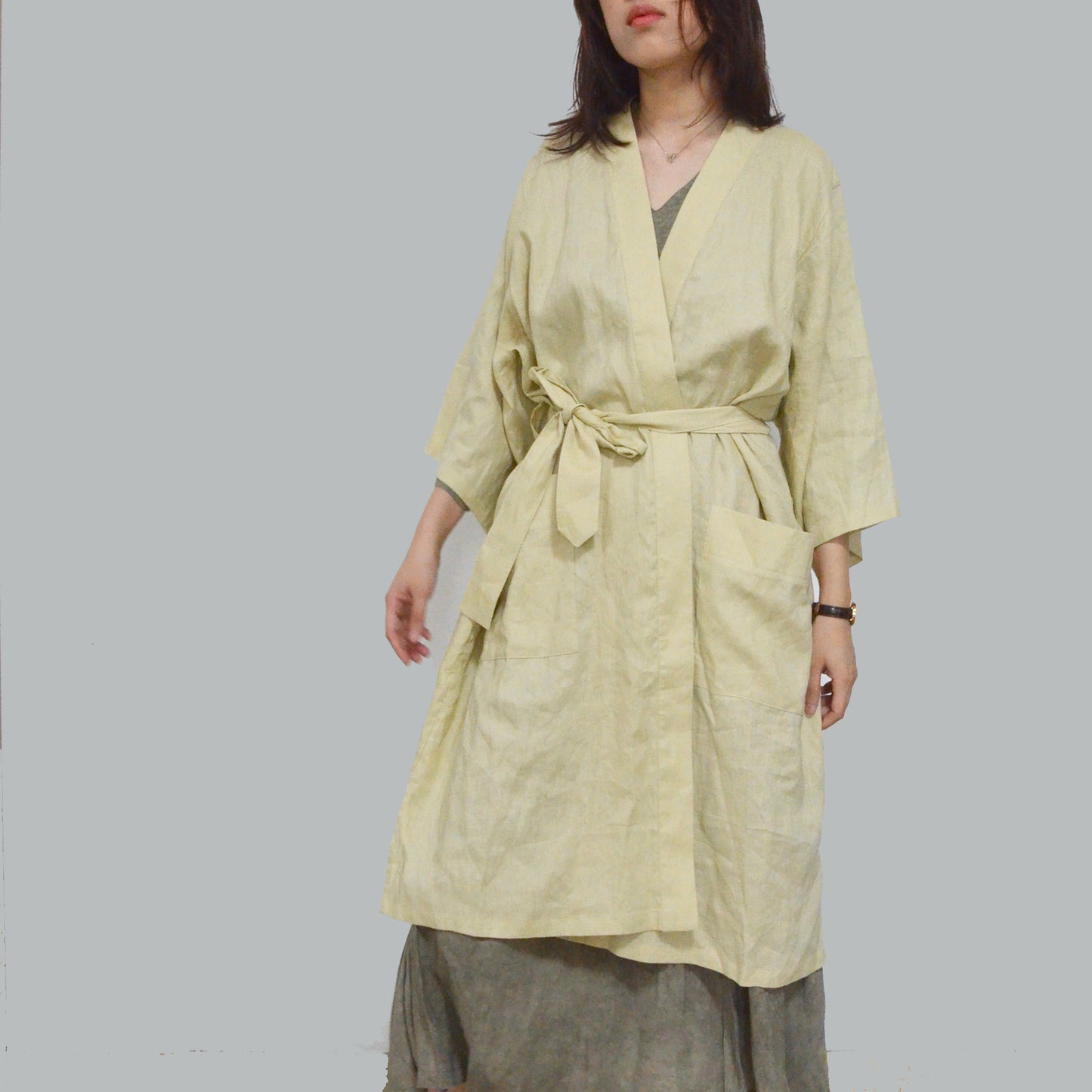 Linen loose fit Kimono style trench Pale yellow color
