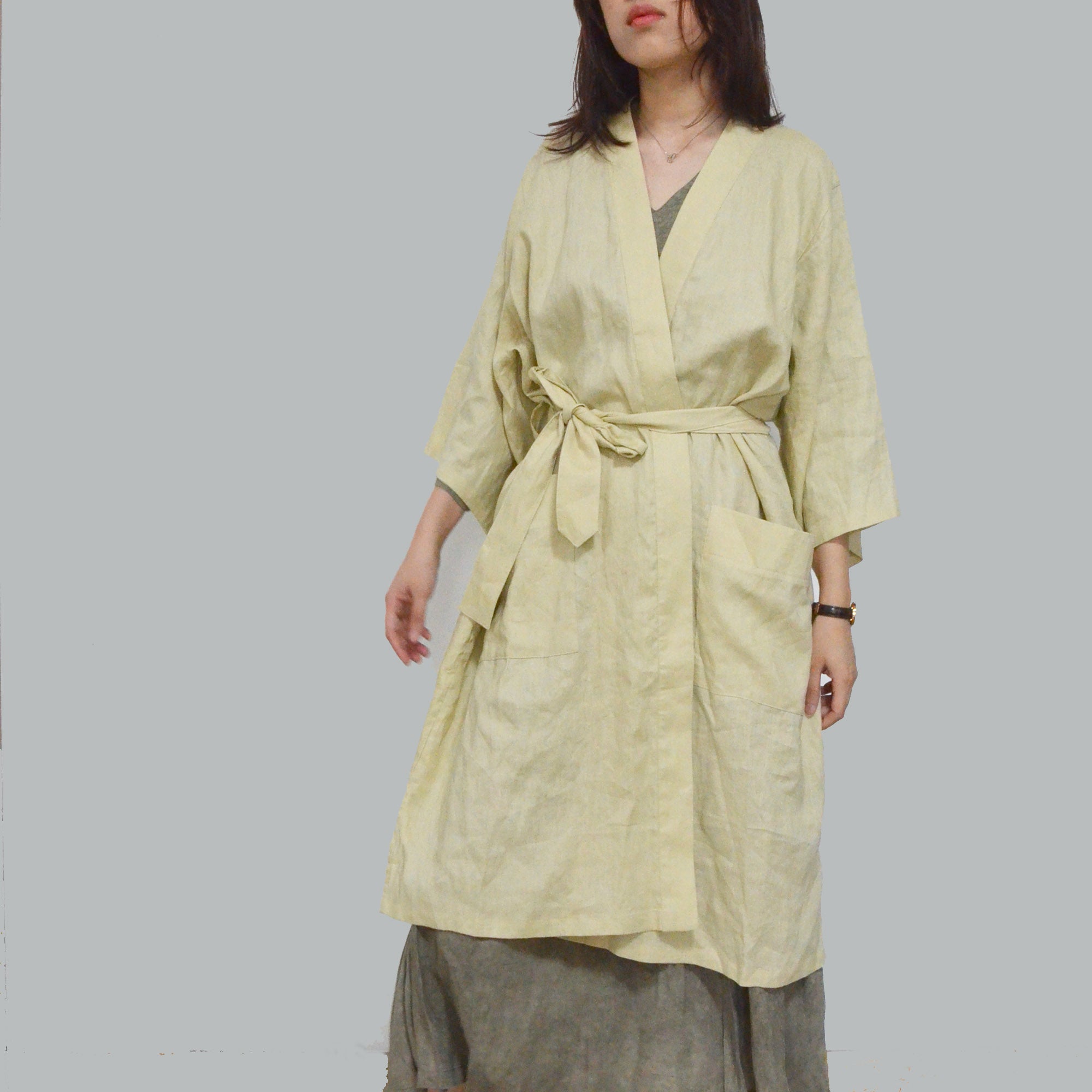 Linen loose fit Kimono style trench Pale yellow color