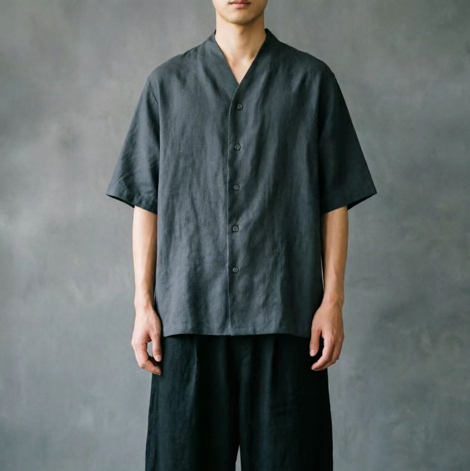 Linen shirt collarless V neck linen blouse