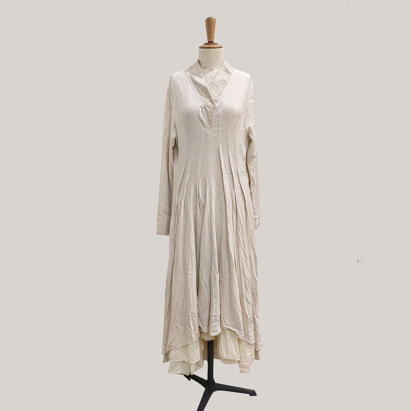 Linen retro style long dress 3 layers cotton ruffle hem long sleeves linen dress