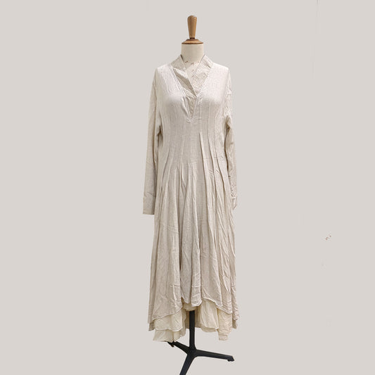 Linen retro style long dress 3 layers cotton ruffle hem long sleeves linen dress