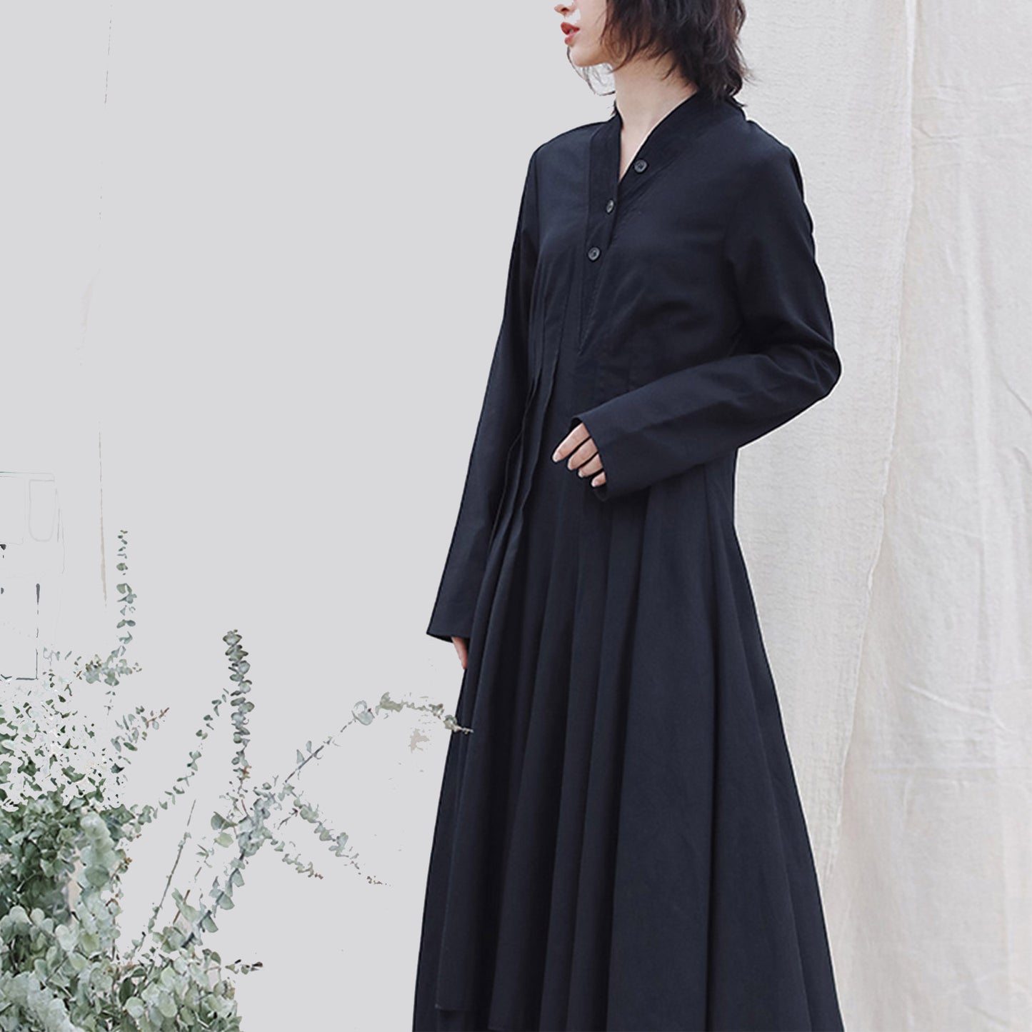 Retro style long dress linen cotton dress long sleeves layered dress