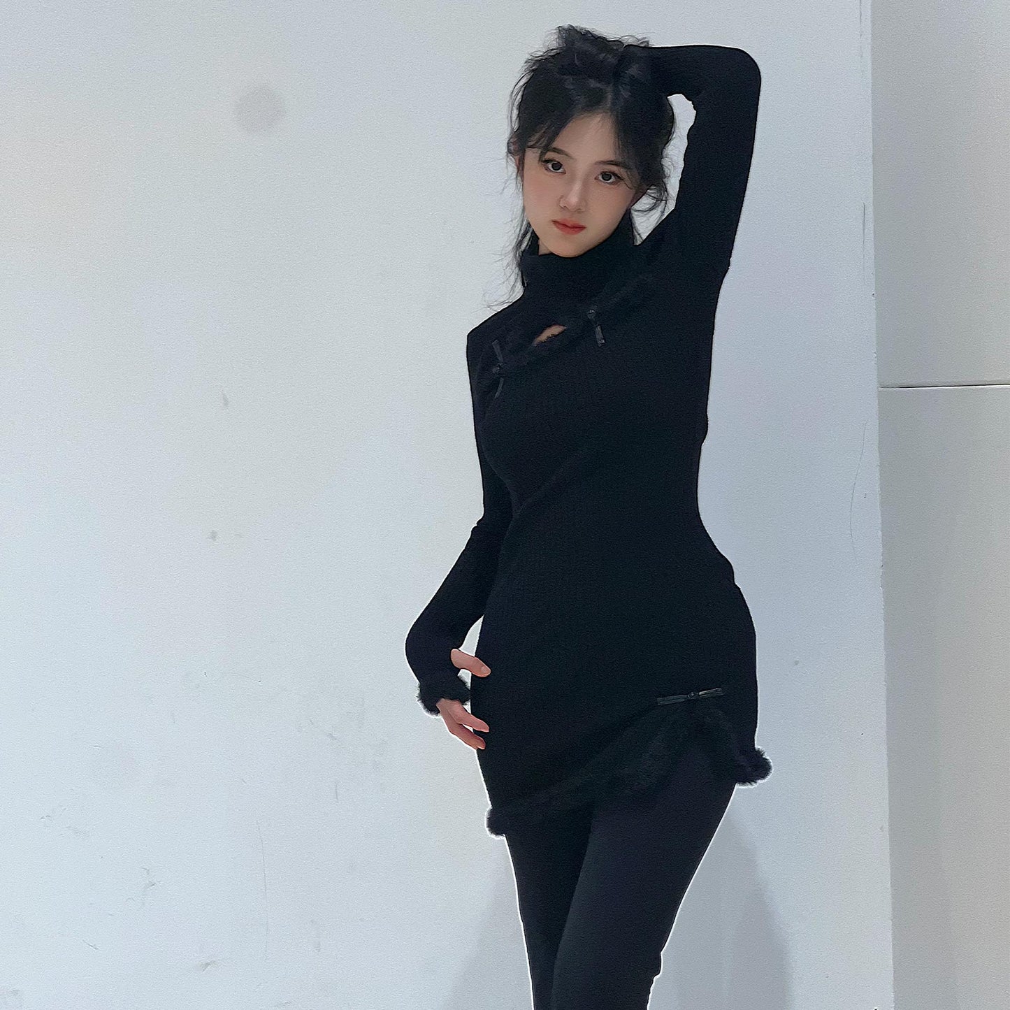 Jersey snug fit dress black jersey stretchy dress with frog toggles winter long sleeves qipao style dress
