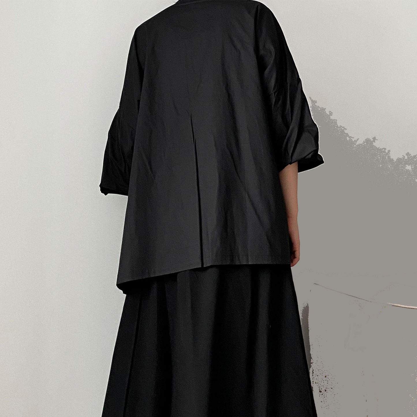 Oversized Black Shirt Loose fit Uniform Lapel Bubble Sleeves Back Slits Loose Shirt Oversize Blouse Loose Fit Shirt