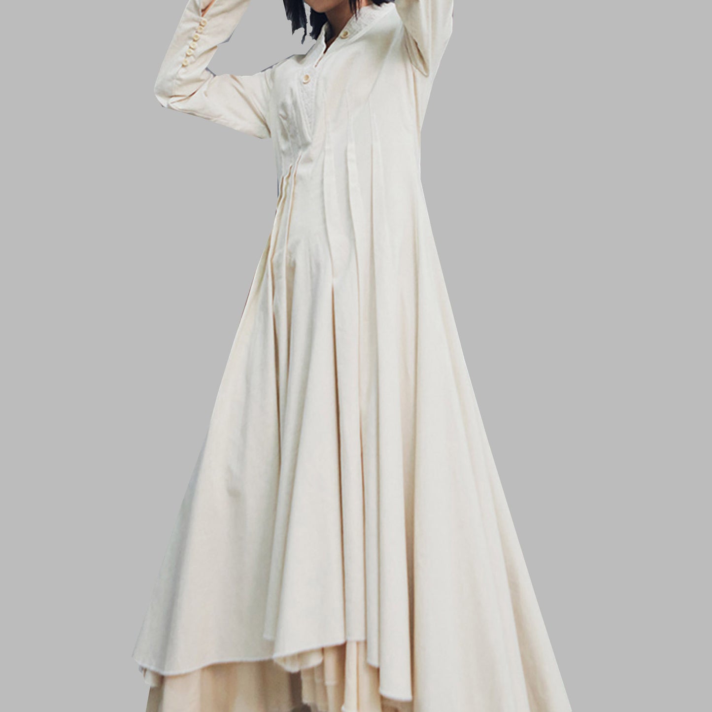 Retro style long dress linen cotton dress long sleeves layered dress