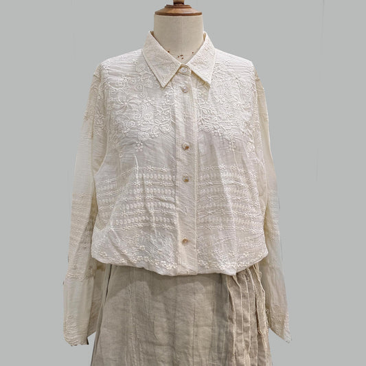 Cotton Lace shirt ecru color soft cotton voile shirt retro style lace shirt embroidery shirt