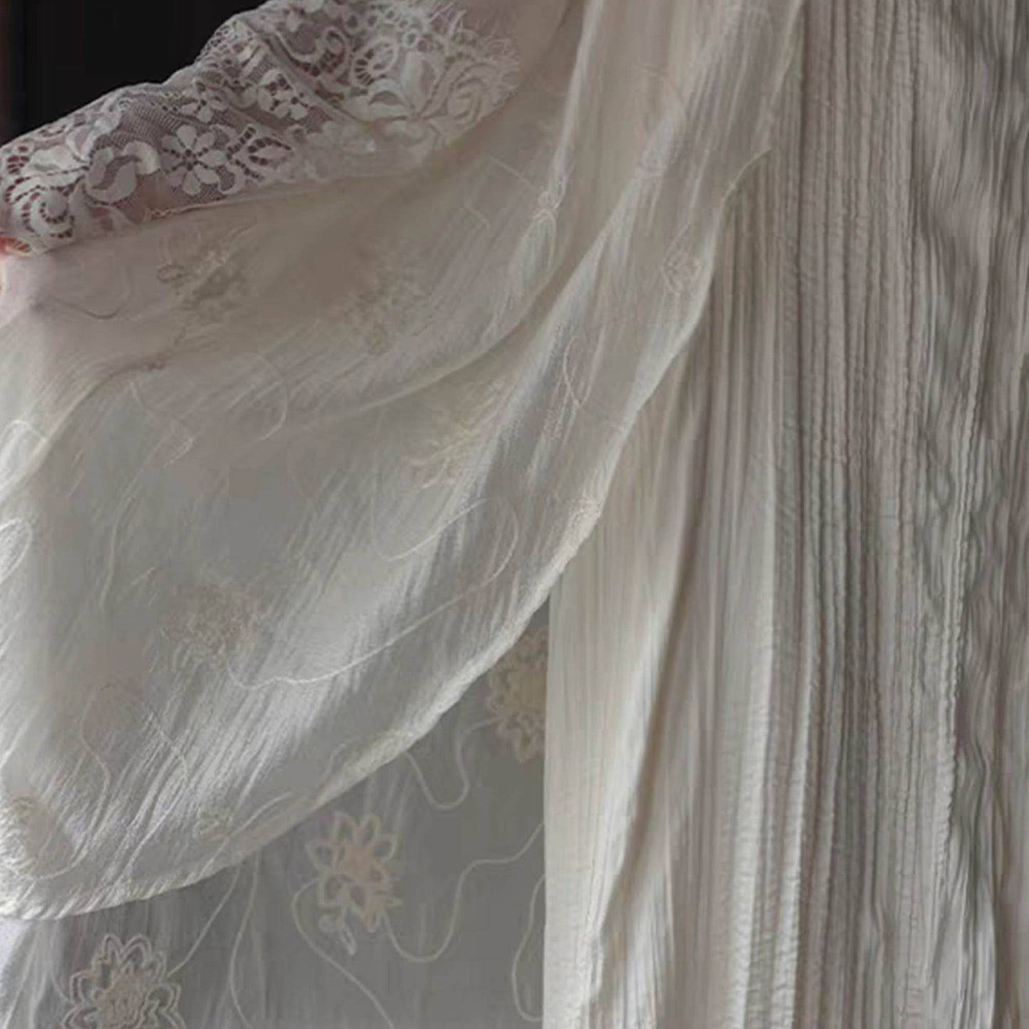 Sheer lace top with slip dress set lace fabric with stand collar and frog toggles closure at collar