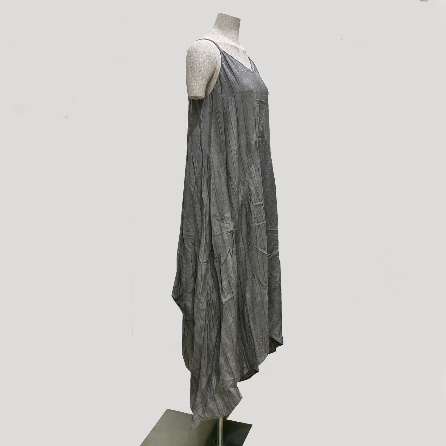Assymmetrical Creased Linen Gray color plant dyed color slip dress Linen tencel fabric