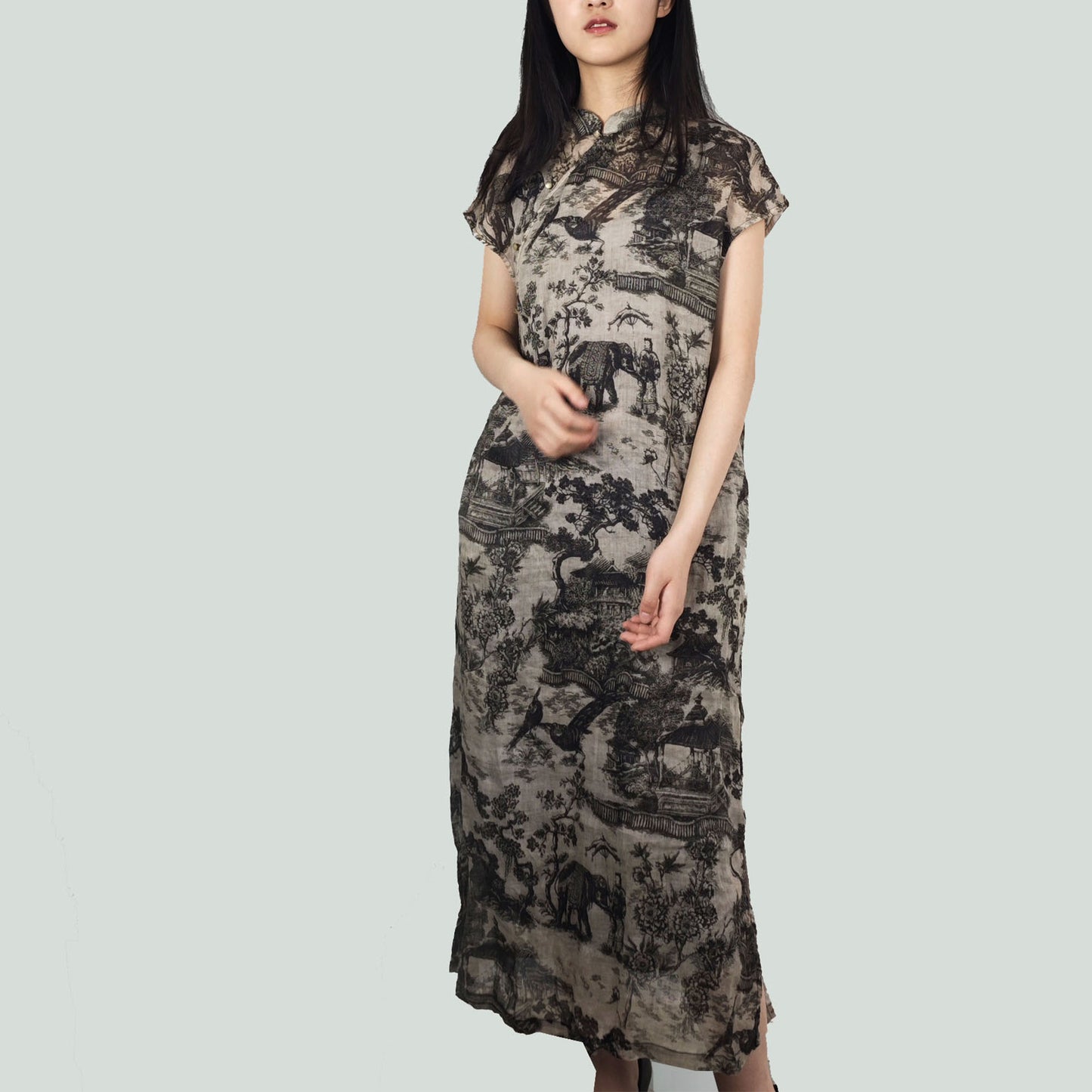 Chinese painting motif Ramie Qipao dress loose fit qipao dress modern fit qipao dress Ramie qipao