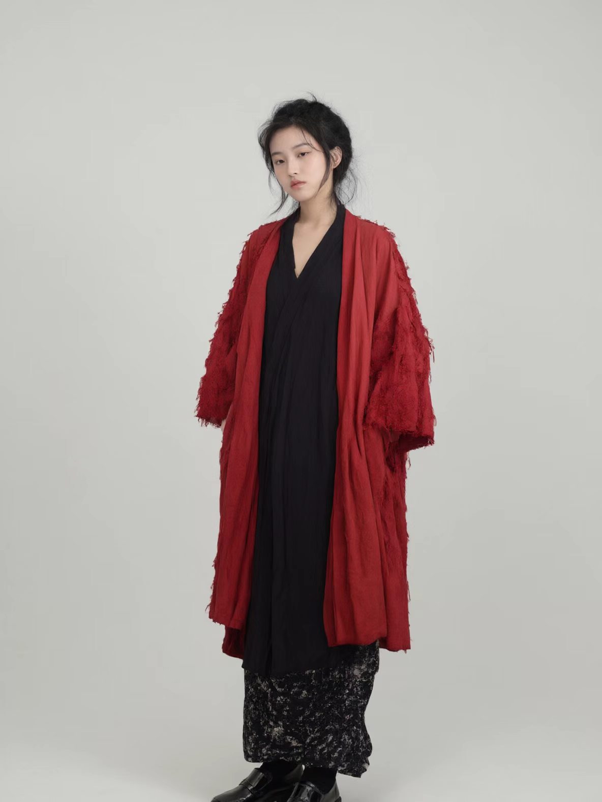 Red kimono jacket loose fit linen cotton long jacket