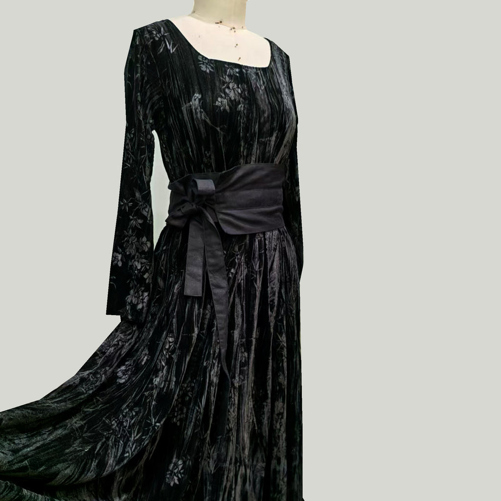 Black velvet long sleeves dress with OBI belt
