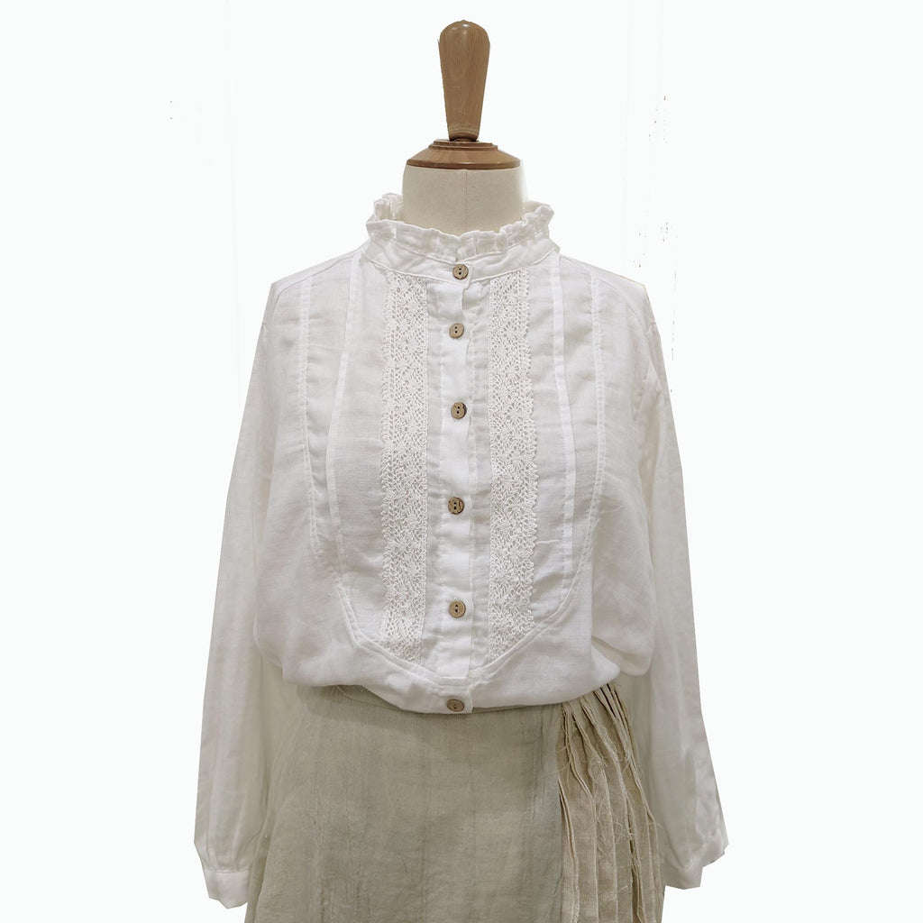 Cotton lace shirt retro style white cotton shirt double gauze cotton fabric white blouse