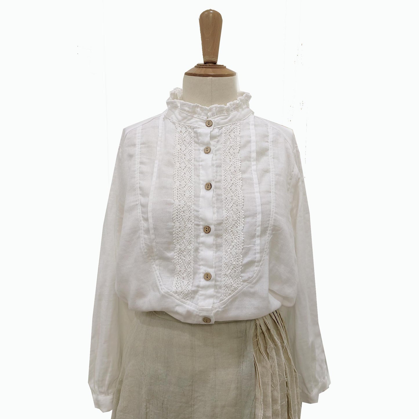 Cotton lace shirt retro style white cotton shirt double gauze cotton fabric white blouse