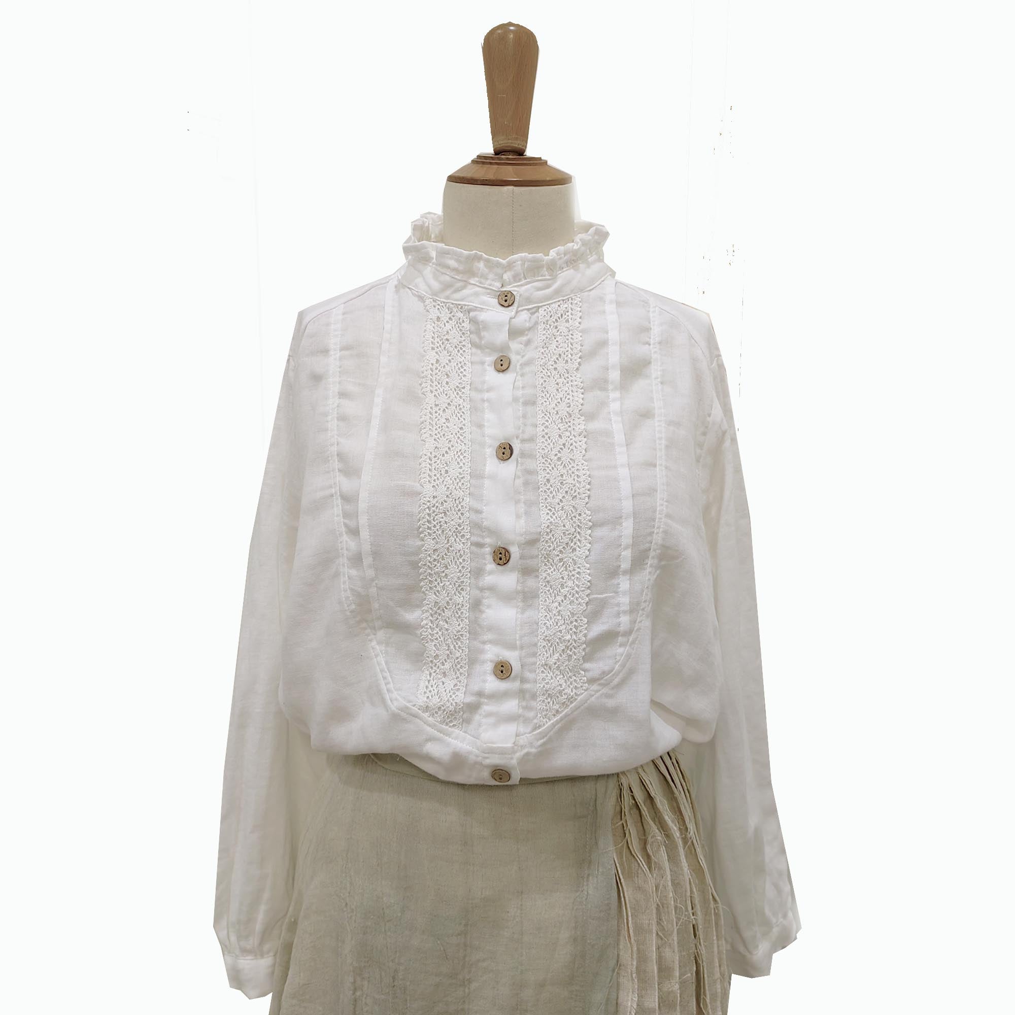 Cotton lace shirt retro style white cotton shirt double gauze cotton fabric white blouse