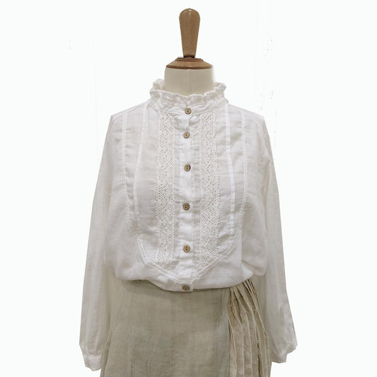 Cotton lace shirt retro style white cotton shirt double gauze cotton fabric white blouse
