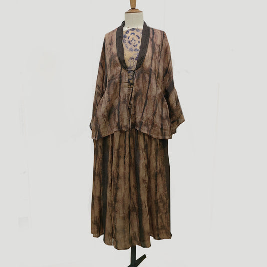 Ramie loose fit cardigan with skirt tie dye motif brown ramie set