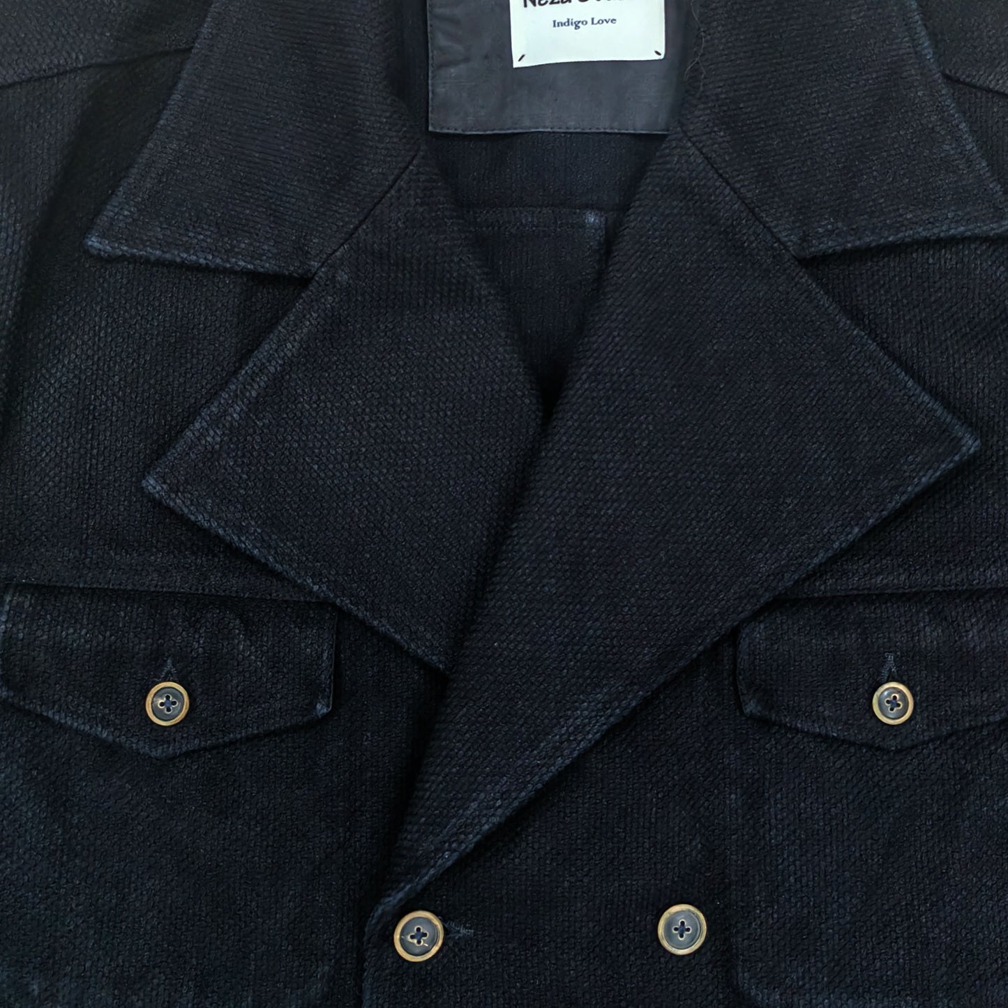 Sashiko cotton retro jacket Black blue cotton sashiko retro style large flap collar jacket