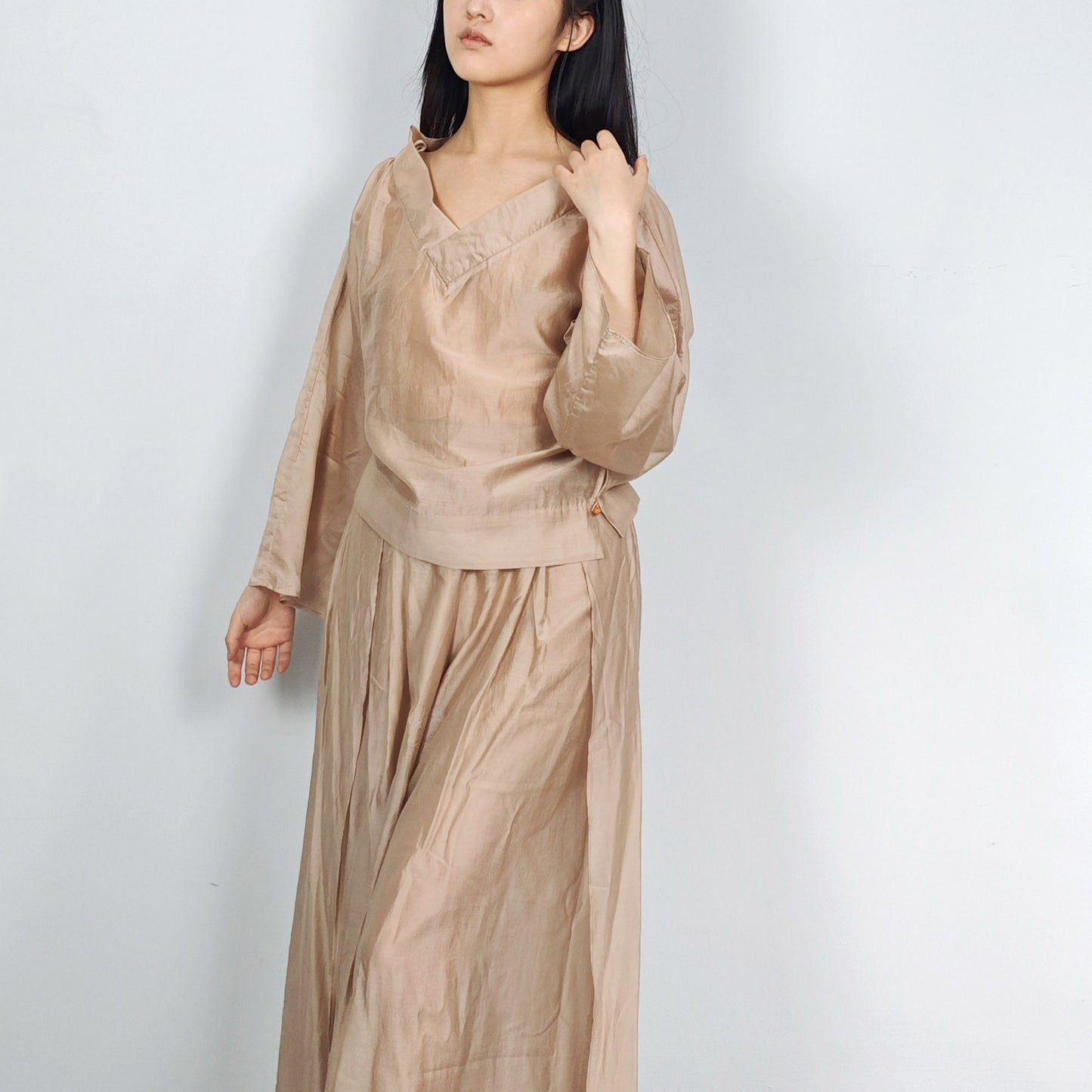 Tencel Set large squared collar blouse with wide leg pants loose fit culottes