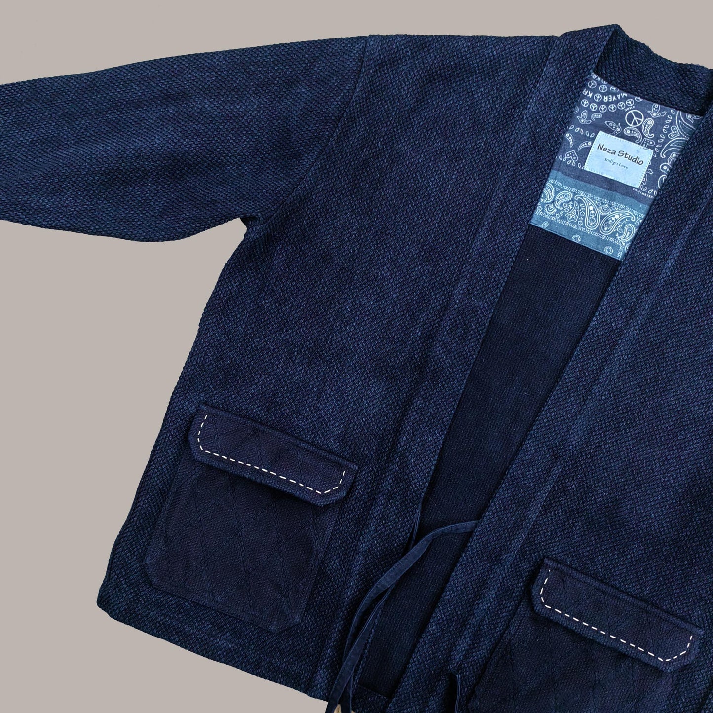 Kimono jacket Heavy sashiko cotton kimono plant dyed indigo color with sashiko embroidery details
