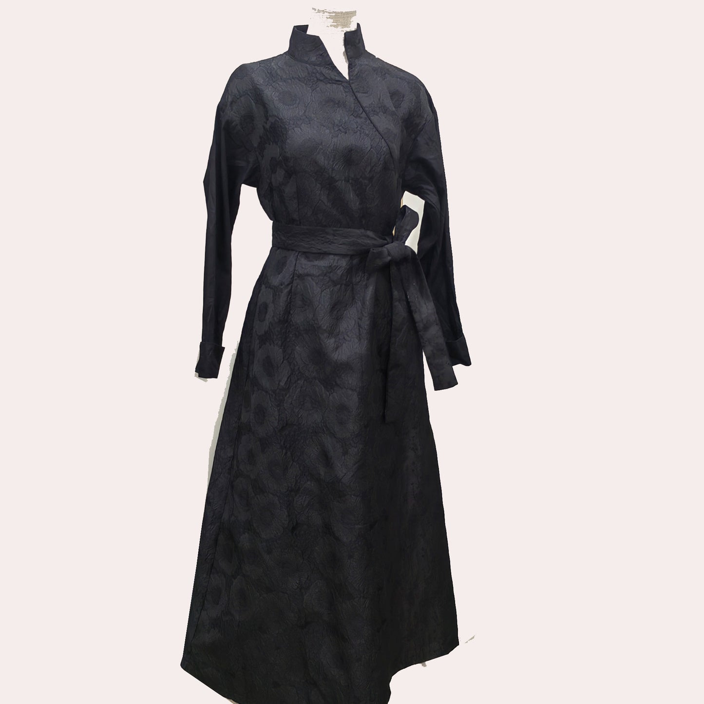 Sample SALES Black dress mixed fabric stand collar fitted black dress jacquard fabric